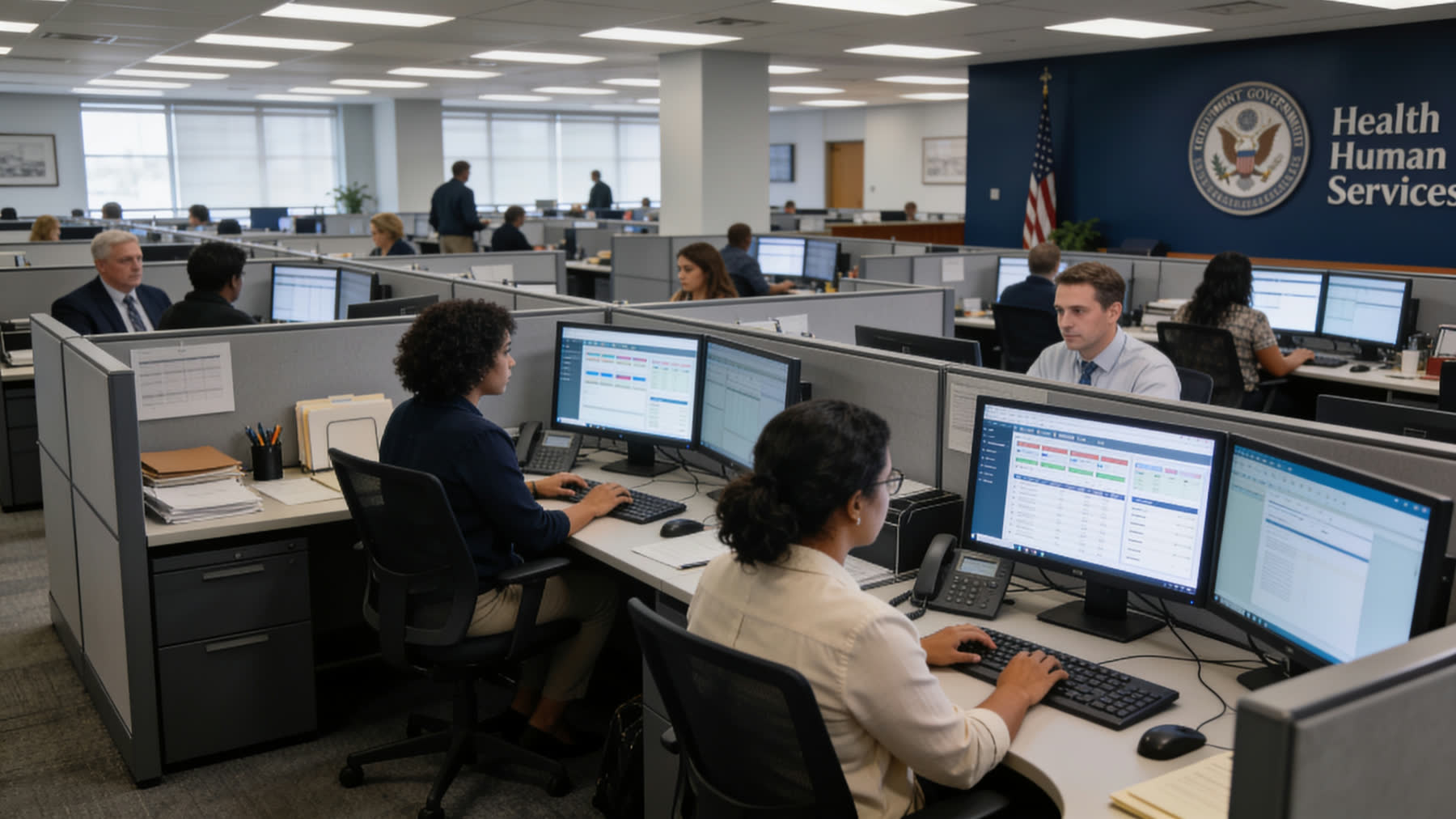 Illustrative state HHS office setting with caseworkers handling program operations